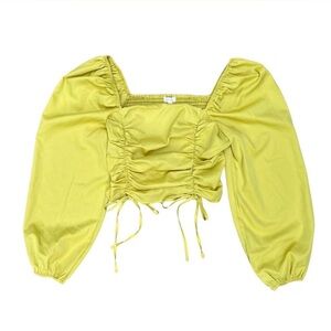 Women's Puff Sleeve Ruched Crop Top L | Y2K Cottagecore Yellow Green Soft Girl